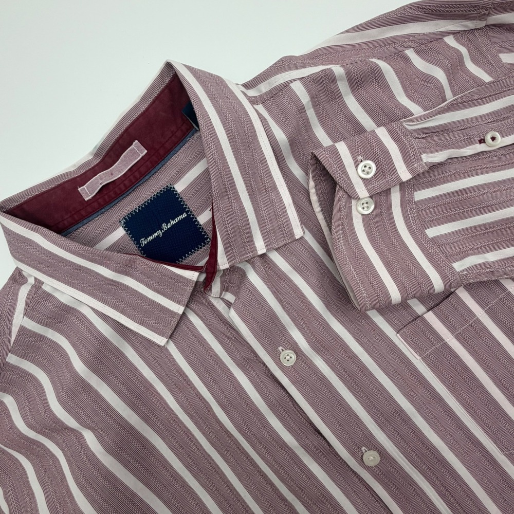 Tommy Bahama Mens XXL Shirt Burgundy White Striped Cotton Silk Blend Long Sleeve